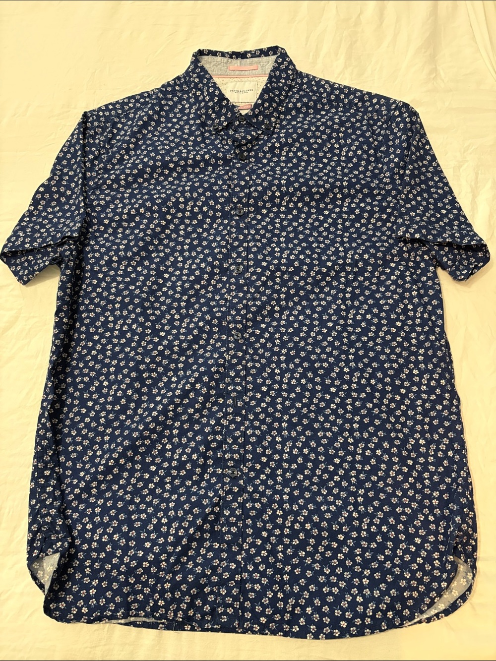 Denim & Flower Navy Blue Short-Sleeve Button-Down with White Floral Print